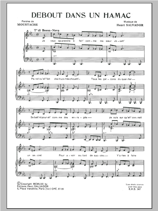 Henri Salvador Debout Dans Un Hamac Sheet Music Notes & Chords for Piano & Vocal - Download or Print PDF