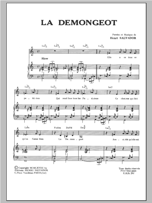 Henri Salvador Demongeot Sheet Music Notes & Chords for Piano & Vocal - Download or Print PDF