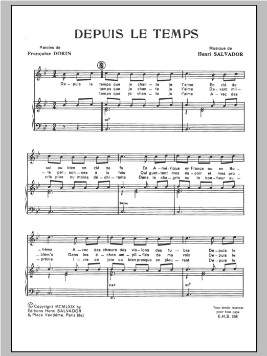 Henri Salvador Depuis Le Temps Sheet Music Notes & Chords for Piano & Vocal - Download or Print PDF