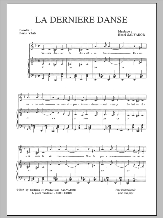 Henri Salvador Derniere Danse Sheet Music Notes & Chords for Piano & Vocal - Download or Print PDF