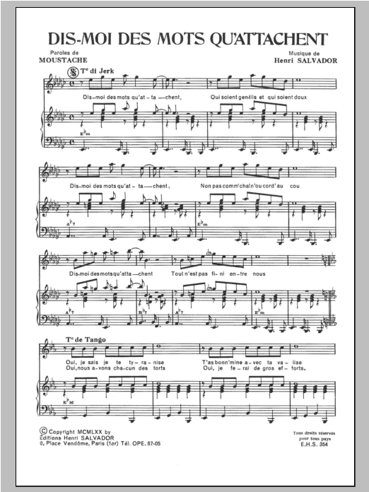 Henri Salvador Dis Moi Des Mots Qui Attachent Sheet Music Notes & Chords for Piano & Vocal - Download or Print PDF