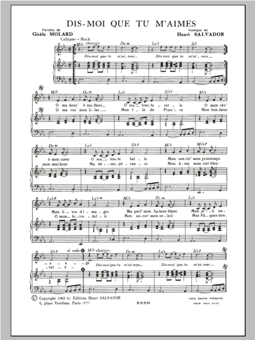 Henri Salvador Dis Moi Que Tu M'aimes Sheet Music Notes & Chords for Piano & Vocal - Download or Print PDF