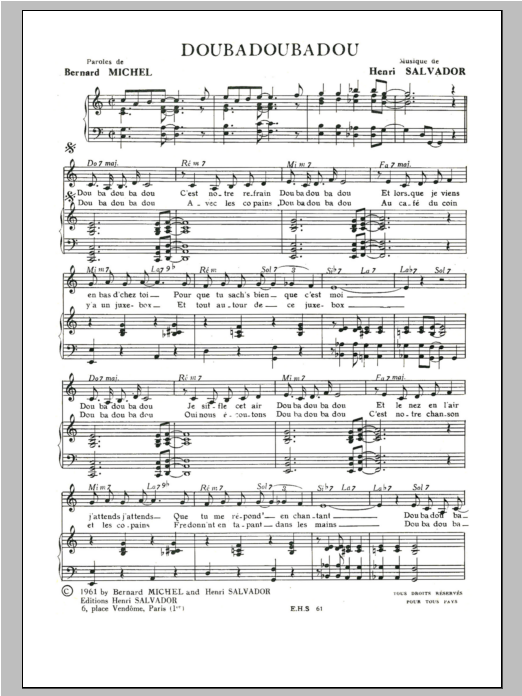 Henri Salvador Doubadoubadou Sheet Music Notes & Chords for Piano & Vocal - Download or Print PDF