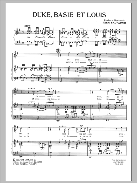 Henri Salvador Duke Basie Et Louis Sheet Music Notes & Chords for Piano & Vocal - Download or Print PDF