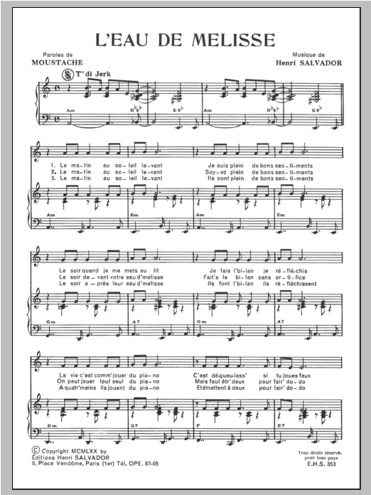 Henri Salvador Eau De Melisse Sheet Music Notes & Chords for Piano & Vocal - Download or Print PDF