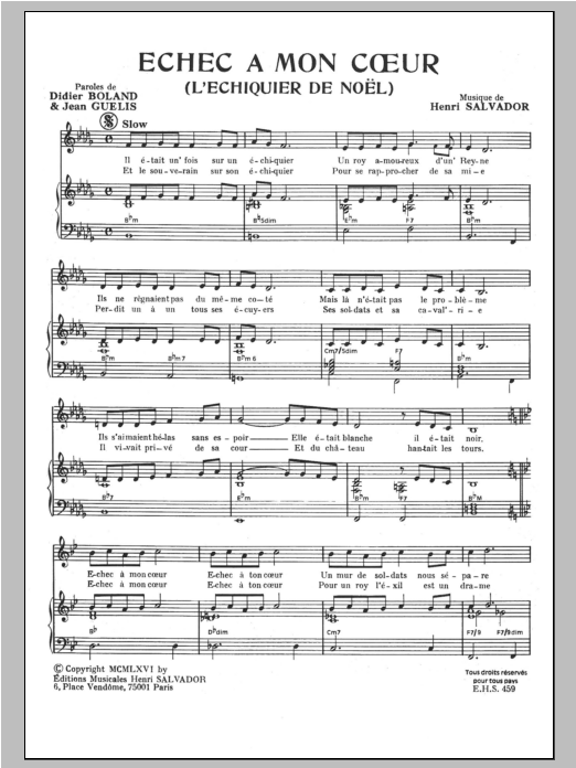 Henri Salvador Echec A Mon Coeur Sheet Music Notes & Chords for Piano & Vocal - Download or Print PDF