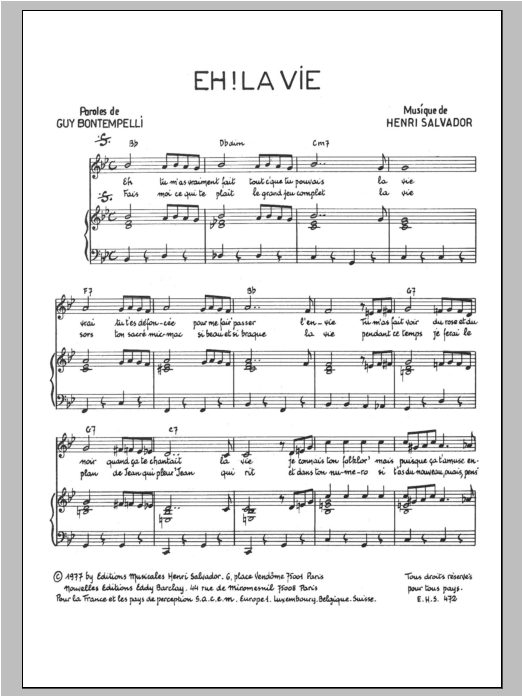 Henri Salvador Eh La Vie Sheet Music Notes & Chords for Piano & Vocal - Download or Print PDF