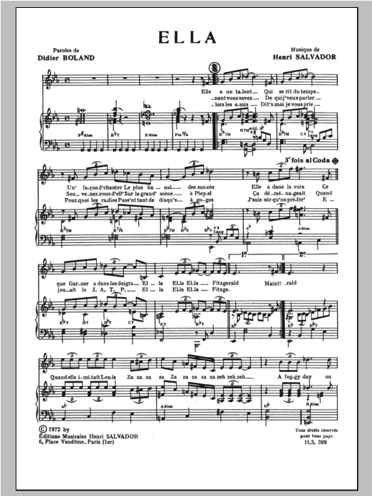 Henri Salvador Ella Sheet Music Notes & Chords for Piano & Vocal - Download or Print PDF