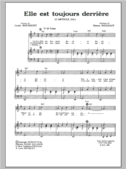 Henri Salvador Elle Est Toujours Derriere (Article 214) Sheet Music Notes & Chords for Piano & Vocal - Download or Print PDF