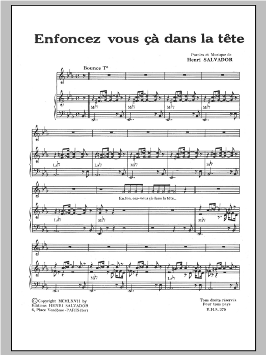 Henri Salvador Enfoncez Vous Ca Dans La Tete Sheet Music Notes & Chords for Piano & Vocal - Download or Print PDF