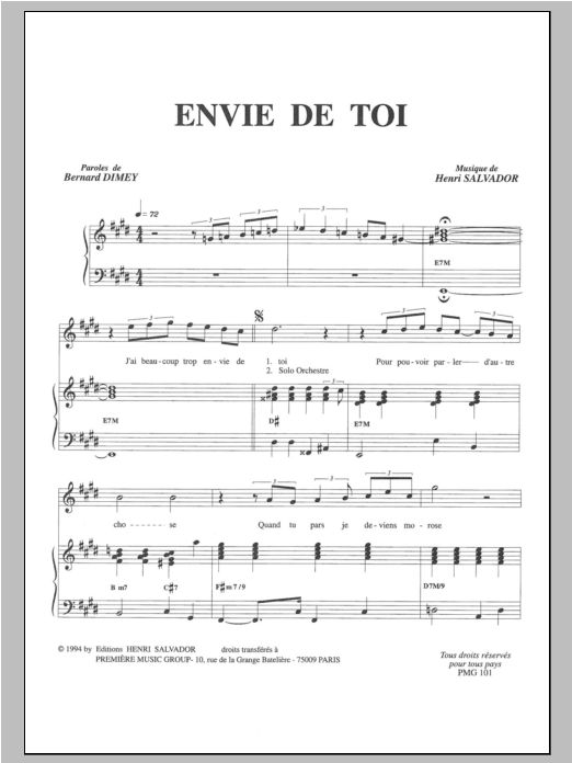 Henri Salvador Envie De Toi Sheet Music Notes & Chords for Piano & Vocal - Download or Print PDF