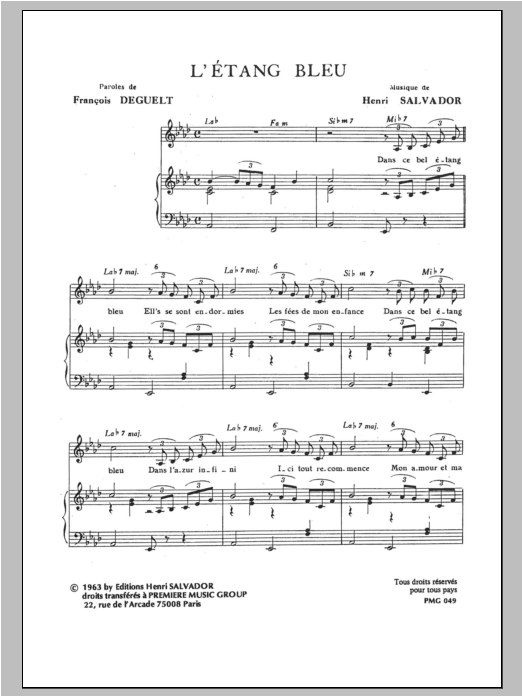 Henri Salvador Etang Bleu Sheet Music Notes & Chords for Piano & Vocal - Download or Print PDF