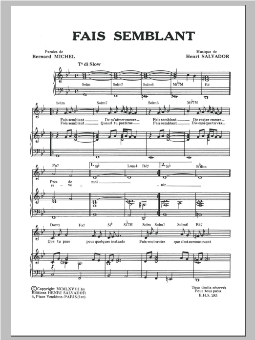 Henri Salvador Fais Semblant Sheet Music Notes & Chords for Piano & Vocal - Download or Print PDF