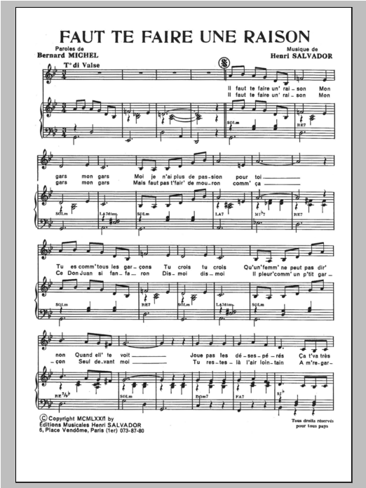 Henri Salvador Faut Te Faire Une Raison Sheet Music Notes & Chords for Piano & Vocal - Download or Print PDF