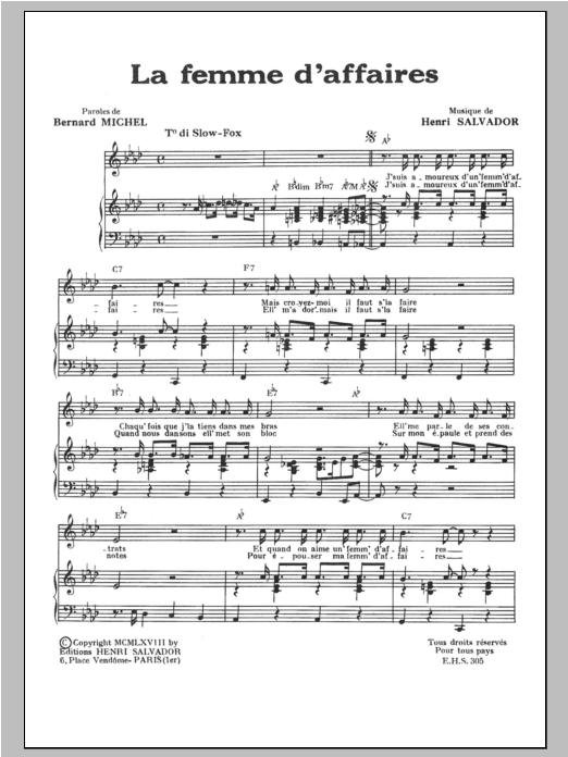 Henri Salvador Femme D'affaires Sheet Music Notes & Chords for Piano & Vocal - Download or Print PDF