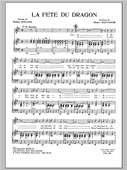 Henri Salvador Fete Du Dragon Sheet Music Notes & Chords for Piano & Vocal - Download or Print PDF