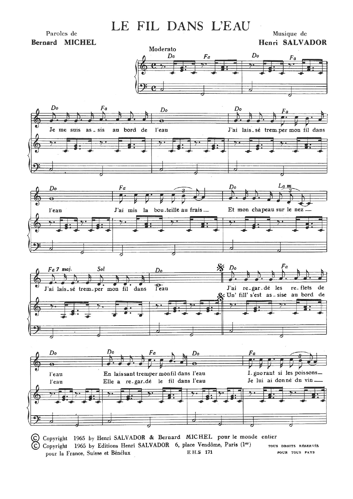 Henri Salvador Fil Dans L'eau Sheet Music Notes & Chords for Piano & Vocal - Download or Print PDF