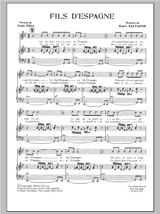 Henri Salvador Fils D'espagne Sheet Music Notes & Chords for Piano & Vocal - Download or Print PDF