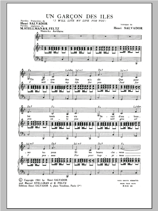 Henri Salvador Garcon Des Iles (Adapt De I Will Live My Life For You) Sheet Music Notes & Chords for Piano & Vocal - Download or Print PDF