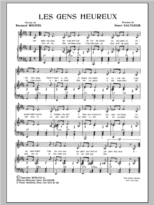 Henri Salvador Gens Heureux Sheet Music Notes & Chords for Piano & Vocal - Download or Print PDF