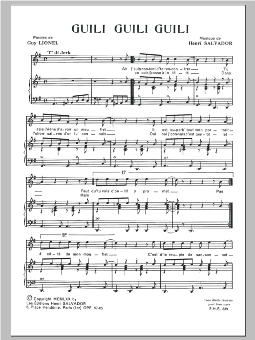 Henri Salvador Guili Guili Sheet Music Notes & Chords for Piano & Vocal - Download or Print PDF