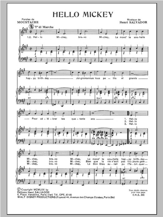 Henri Salvador Hello Mickey Sheet Music Notes & Chords for Piano & Vocal - Download or Print PDF