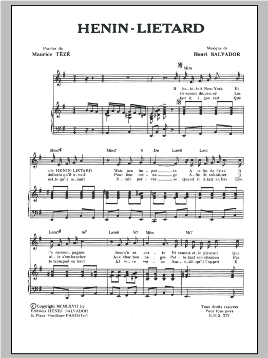Henri Salvador Henin-Lietard Sheet Music Notes & Chords for Piano & Vocal - Download or Print PDF