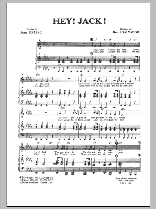 Henri Salvador Hey! Jack! Sheet Music Notes & Chords for Piano & Vocal - Download or Print PDF