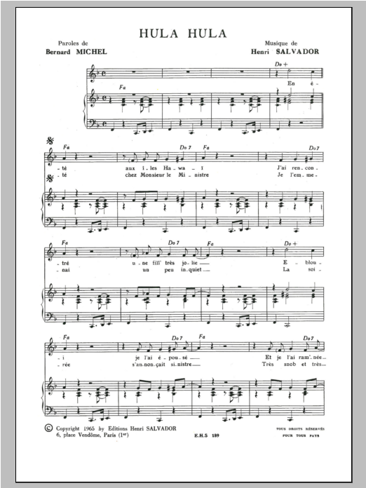 Henri Salvador Hula Hula Sheet Music Notes & Chords for Piano & Vocal - Download or Print PDF