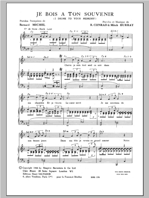 Henri Salvador I Drink To Your Memory (Je Bois A Ton Souvenir) Sheet Music Notes & Chords for Piano & Vocal - Download or Print PDF