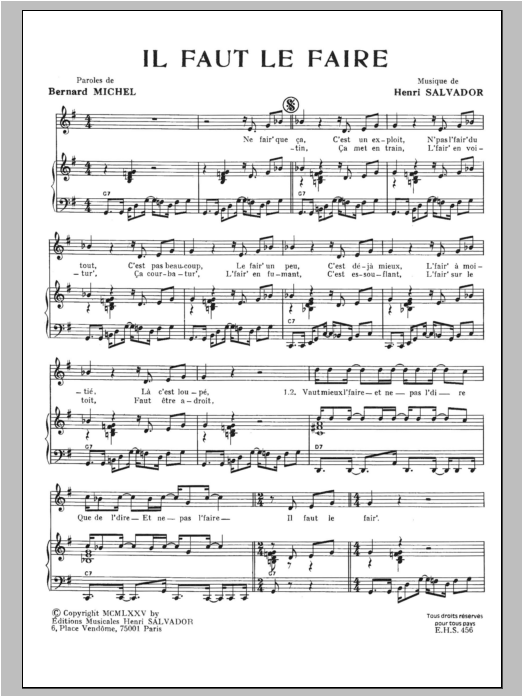 Henri Salvador Il Faut Le Faire Sheet Music Notes & Chords for Piano & Vocal - Download or Print PDF