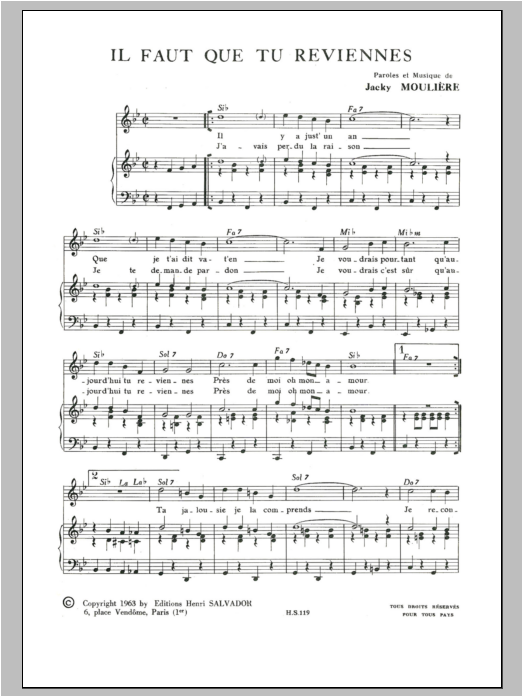 Henri Salvador Il Faut Que Tu Reviennes Sheet Music Notes & Chords for Piano & Vocal - Download or Print PDF