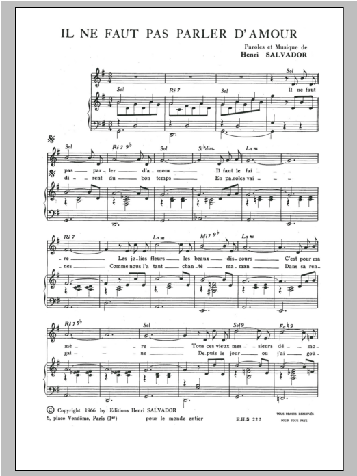 Henri Salvador Il Ne Faut Pas Parler D'amour Sheet Music Notes & Chords for Piano & Vocal - Download or Print PDF