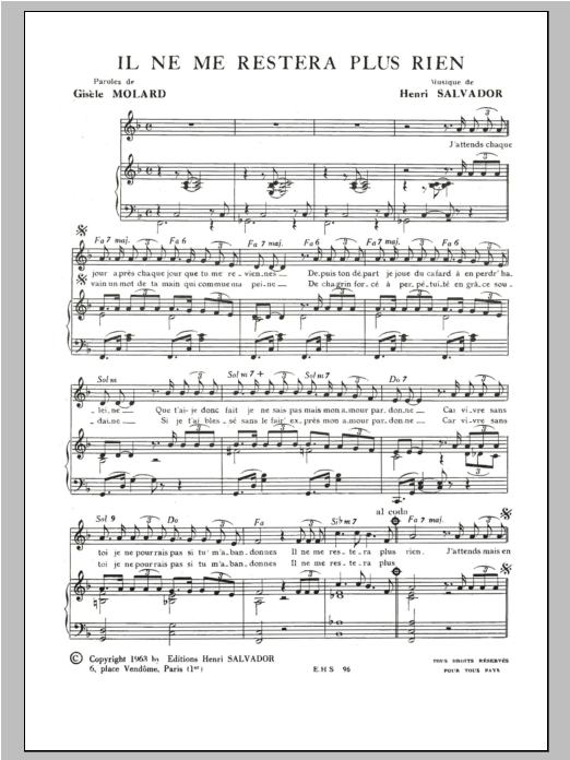 Henri Salvador Il Ne Me Restera Plus Rien Sheet Music Notes & Chords for Piano & Vocal - Download or Print PDF