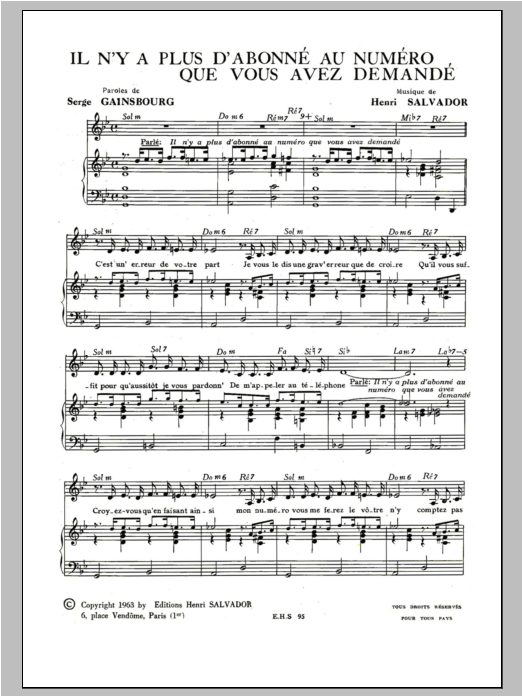 Henri Salvador IL N'y A Plus D'abonne Au Numero Que Vous Avez Demande Sheet Music Notes & Chords for Piano & Vocal - Download or Print PDF Henri Salvador IL N'y A Plus D'abonne Au Numero Que Vous Avez Demande Sheet Music Notes & Chords for Piano & Vocal - Download or Print PDF
