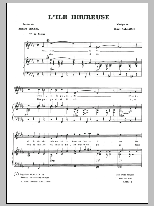 Henri Salvador Ile Heureuse Sheet Music Notes & Chords for Piano & Vocal - Download or Print PDF