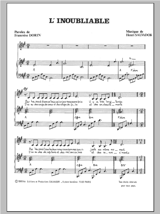 Henri Salvador Inoubliable Sheet Music Notes & Chords for Piano & Vocal - Download or Print PDF