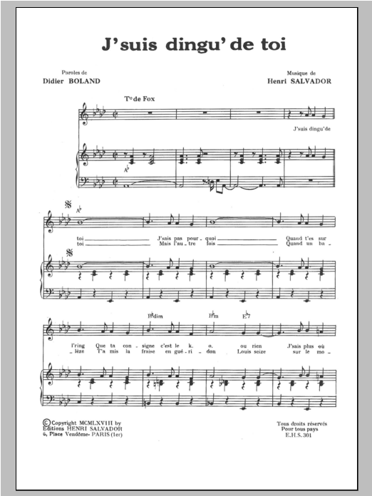 Henri Salvador J Suis Ding De Toi (Aka J'suis Dingu' De Toi) Sheet Music Notes & Chords for Piano & Vocal - Download or Print PDF