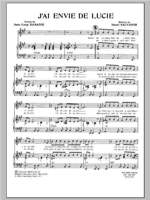 Henri Salvador J'ai Envie De Lucie Sheet Music Notes & Chords for Piano & Vocal - Download or Print PDF