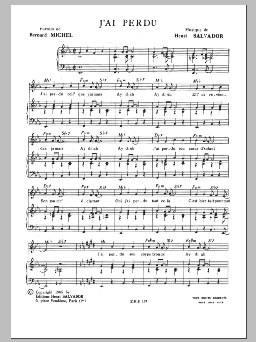 Henri Salvador J'ai Perdu Sheet Music Notes & Chords for Piano & Vocal - Download or Print PDF