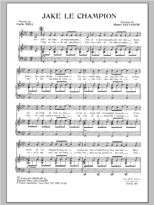 Henri Salvador Jake Le Champion Sheet Music Notes & Chords for Piano & Vocal - Download or Print PDF Henri Salvador Jake Le Champion Sheet Music Notes & Chords for Piano & Vocal - Download or Print PDF