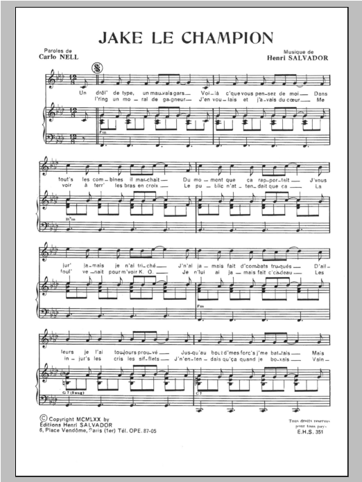Henri Salvador Jake Le Champion Sheet Music Notes & Chords for Piano & Vocal - Download or Print PDF