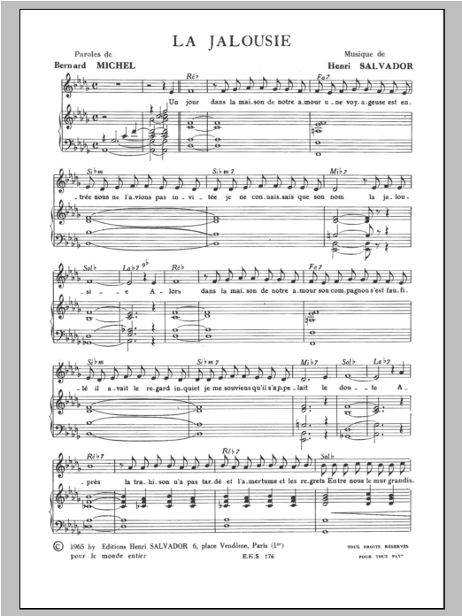 Henri Salvador Jalousie Sheet Music Notes & Chords for Piano & Vocal - Download or Print PDF