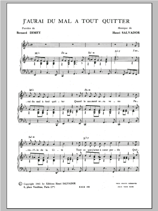 Henri Salvador J'aurai Du Mal A Tout Quitter Sheet Music Notes & Chords for Piano & Vocal - Download or Print PDF