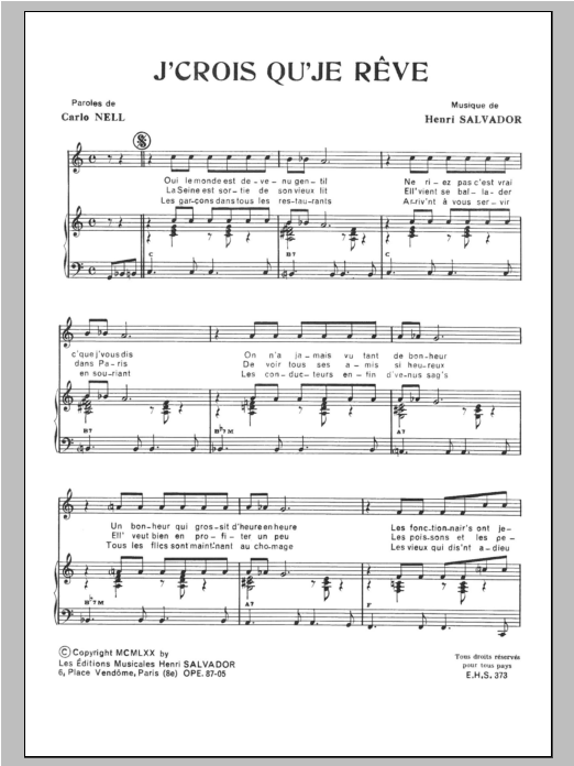 Henri Salvador J'crois Que Je Reve Sheet Music Notes & Chords for Piano & Vocal - Download or Print PDF