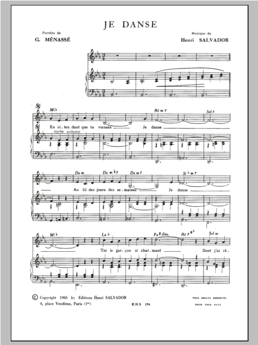Henri Salvador Je Danse Sheet Music Notes & Chords for Piano & Vocal - Download or Print PDF