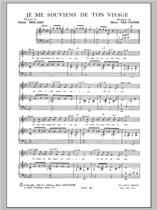 Henri Salvador Je Me Souviens De Ton Visage Sheet Music Notes & Chords for Piano & Vocal - Download or Print PDF