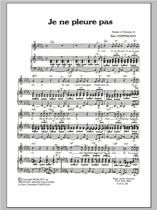Henri Salvador Je Ne Pleure Pas Sheet Music Notes & Chords for Piano & Vocal - Download or Print PDF