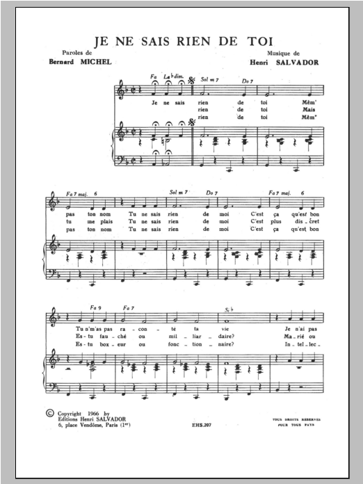 Henri Salvador Je Ne Sais Rien De Toi Sheet Music Notes & Chords for Piano & Vocal - Download or Print PDF