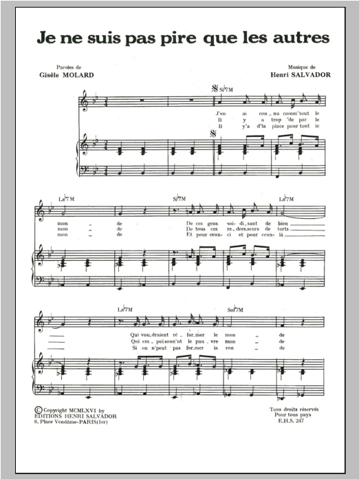 Henri Salvador Je Ne Suis Pas Pire Que Les Autres Sheet Music Notes & Chords for Piano & Vocal - Download or Print PDF